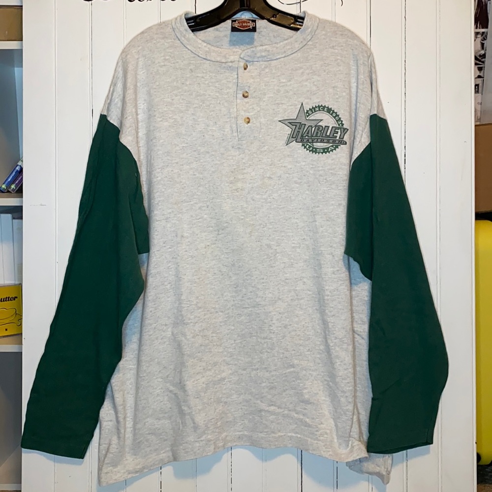 Harley-Davidson Vintage Long Sleeve Top Light Grey Green Graphic Size L/XL